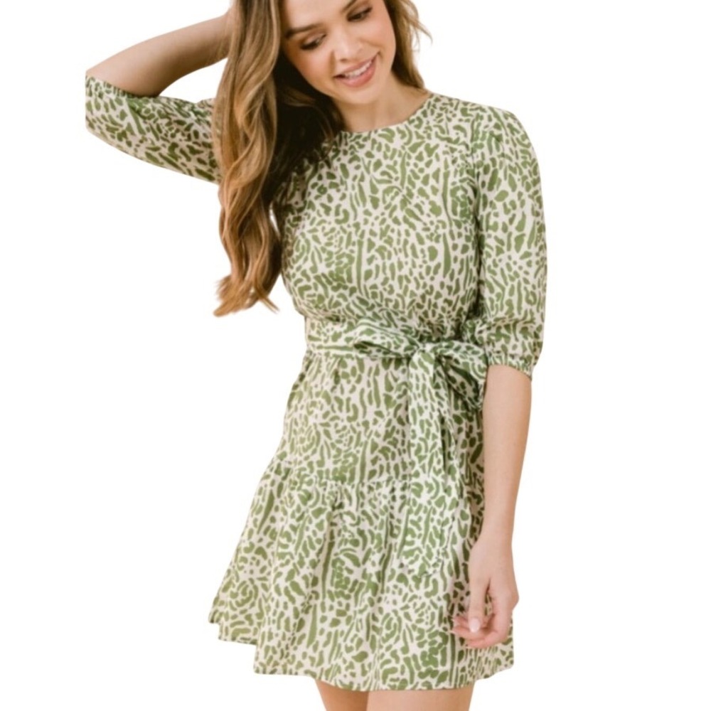 LaRoque Zoe Animal Print Safari Green‎ Cotton Belted Mini Dress XS Preppy Brunch